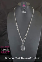 2020 January Life Of The Party Exclusive  A trio of glassy white crystal-like beads asymmetrically trickle along a mismatched silver chain. Featuring a regal emerald-cut, an over sized white gem swings from the bottom of the silver chain for a glamorous finish. Features an adjustable clasp closure. Sold as one individual necklace. Includes one pair of matching earrings.  P2SE-WTXX-187XX