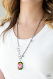 2020 Life of the Party Black Diamond Bring Back Piece  A trio of faceted hematite crystal-like beads asymmetrically trickle along a mismatched gunmetal chain. Featuring a regal emerald-cut, an oversized rainbow gem swings from the bottom of the gunmetal chain for a glamorous finish. Features an adjustable clasp closure. Sold as one individual necklace. Includes one pair of matching earrings.    P2SE-MTXX-176XX