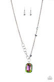 2020 Life of the Party Black Diamond Bring Back Piece A trio of faceted hematite crystal-like beads asymmetrically trickle along a mismatched gunmetal chain. Featuring a regal emerald-cut, an oversized rainbow gem swings from the bottom of the gunmetal chain for a glamorous finish. Features an adjustable clasp closure. Sold as one individual necklace. Includes one pair of matching earrings. P2SE-MTXX-176XX