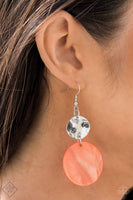 "Opulently Oasis" (P5SE-OGXX-155ZZ)  A large pearlescent disc in the spring Pantone® of Burnt Coral is topped by a wavy, sparkling silver disc. The pair sways dramatically from a silver fitting for a breezy finish. Earring attaches to a standard fishhook fitting. Sold as one pair of earrings.