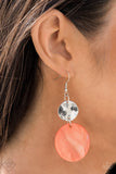 "Opulently Oasis" (P5SE-OGXX-155ZZ)  A large pearlescent disc in the spring Pantone® of Burnt Coral is topped by a wavy, sparkling silver disc. The pair sways dramatically from a silver fitting for a breezy finish. Earring attaches to a standard fishhook fitting. Sold as one pair of earrings.