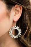 Earring: "Pearly Poise" (P5RE-WTXX-439TO) Rings of pearly white beads and glassy white rhinestones alternate as they ripple into a stunning statement piece. Earring attaches to a standard fishhook fitting. Sold as one pair of earrings.