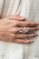 Ring: "Point Out The Obvious" (P4BA-SVXX-039RJ)  Delicately hammered in an antiqued shimmer, a glistening diamond-shaped frame folds around the finger for an edgy, geometric look. Features a dainty stretchy band for a flexible fit. Sold as one individual ring.
