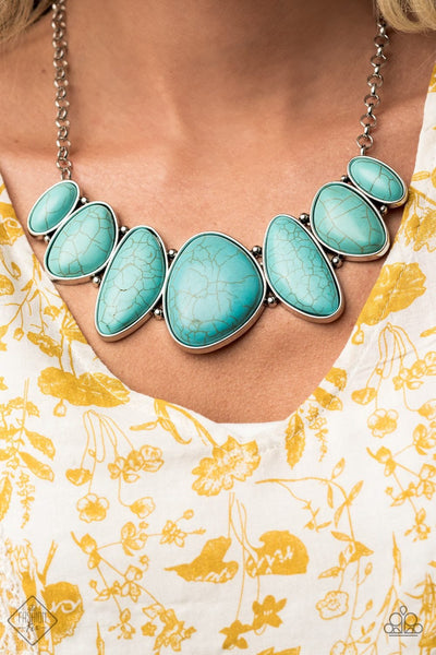 2020 September Fashion Fix - Simply Santa Fe  Featuring perfectly imperfect shapes, refreshing turquoise stones are pressed into asymmetrical silver frames, coalescing into a bold pendant below the collar. Features an adjustable clasp closure. Sold as one individual necklace. Includes one pair of matching earrings.  P2ST-BLXX-112VB