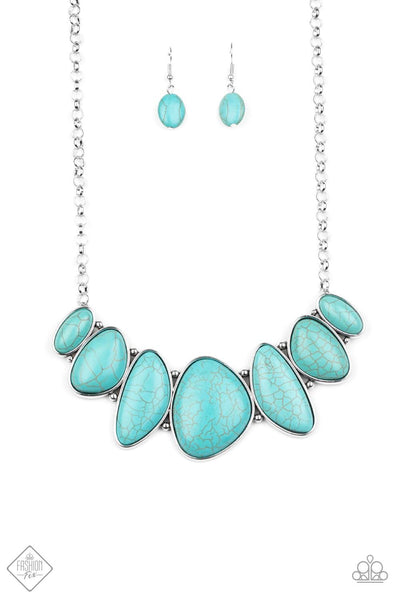 2020 September Fashion Fix - Simply Santa Fe  Featuring perfectly imperfect shapes, refreshing turquoise stones are pressed into asymmetrical silver frames, coalescing into a bold pendant below the collar. Features an adjustable clasp closure. Sold as one individual necklace. Includes one pair of matching earrings.  P2ST-BLXX-112VB