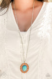 Vivacious orange stones spin around a refreshing turquoise stone center, coalescing into a whimsical floral pendant. The colorful flower blooms at the bottom of a lengthened silver chain, creating a bold statement piece. Features an adjustable clasp closure.  Sold as one individual necklace. Includes one pair of matching earrings.