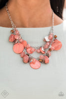 "Spring Goddess" (P2ST-OGXX-080ZZ)  What better way to say "hello spring" than with this vibrant stunner? Double the fun with two layers of beads, baubles, stone, and wood in varying tones and finishes in the Pantone® of Burnt Coral, intermixed with sparkling, wavy silver discs gently swaying from a silver chain. Features an adjustable clasp closure. Sold as one individual necklace. Includes one pair of matching earrings.