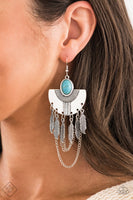 2020 June Fashion Fix - Simply Santa Fe A fringe of antiqued silver feathers and shimmery silver chains swings from the bottom of a fanning silver frame dotted with a smooth turquoise stone for an earthy finish. Earring attaches to a standard fishhook fitting. Sold as one pair of earrings.  P5SE-BLXX-220TW