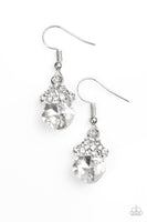 Encrusted in glittery white rhinestones, shimmery silver frames stack atop a faceted white gem for a dramatic look. Earring attaches to a standard fishhook fitting. Sold as one pair of earrings.  P5RE-WTXX-275XX