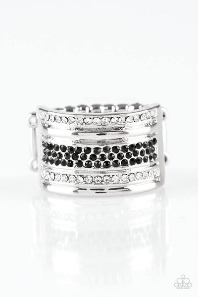 Black and white rhinestone encrusted bands stack across the finger for a glamorous look. Features a stretchy band for a flexible fit. P4RE-BKXX-165XX