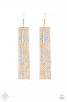 2020 June Fashion Fix - Magnificent Musings Strand after strand of glittery white rhinestones stream from a gold fitting, creating an elegant fringe that falls effortlessly from the ear. Earring attaches to a standard fishhook fitting. Sold as one pair of earrings.  P5ED-GDXX-048TS