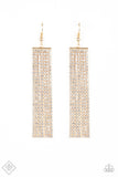 2020 June Fashion Fix - Magnificent Musings Strand after strand of glittery white rhinestones stream from a gold fitting, creating an elegant fringe that falls effortlessly from the ear. Earring attaches to a standard fishhook fitting. Sold as one pair of earrings.  P5ED-GDXX-048TS