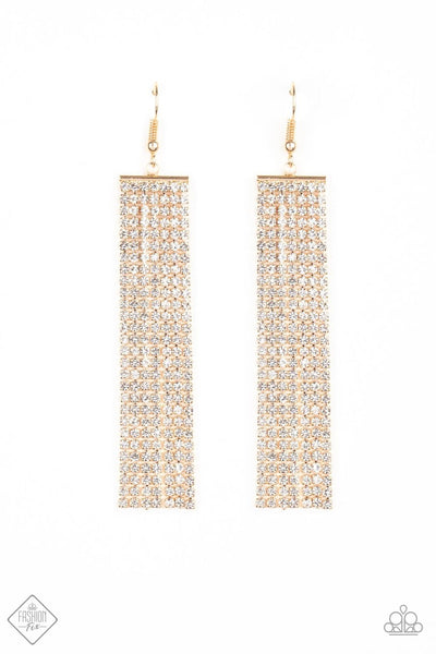 2020 June Fashion Fix - Magnificent Musings Strand after strand of glittery white rhinestones stream from a gold fitting, creating an elegant fringe that falls effortlessly from the ear. Earring attaches to a standard fishhook fitting. Sold as one pair of earrings.  P5ED-GDXX-048TS