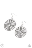 2020 February Fashion Fix - Sunset Sightings  Oversized circular frames adorned in texture radiate from a central point, creating a dizzying design. Earring attaches to a standard fishhook fitting. Sold as one pair of earrings.  P5TR-SVXX-166RY