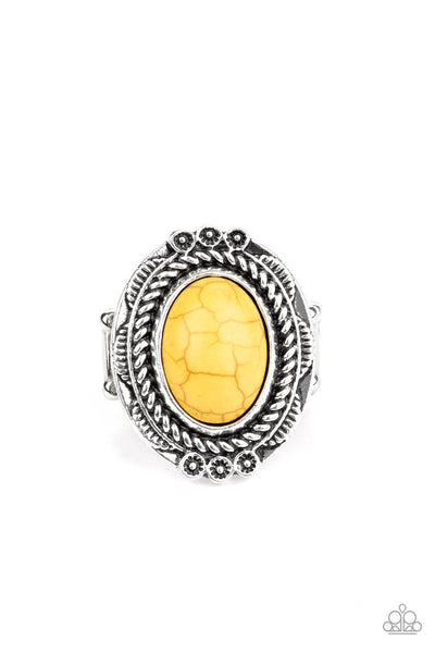 A sunny yellow stone is pressed into an antiqued silver frame radiating with floral detail for a seasonal look. Features a stretchy band for a flexible fit. Sold as one individual ring.  P4SE-YWXX-060XX