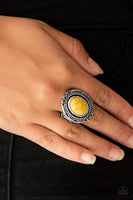 A sunny yellow stone is pressed into an antiqued silver frame radiating with floral detail for a seasonal look. Features a stretchy band for a flexible fit. Sold as one individual ring.  P4SE-YWXX-060XX