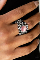 A glowing pink moonstone adorns the center of a silver band swirling with whimsical floral detail for a seasonal look. Features a stretchy band for a flexible fit.  P4RE-PKXX-131XX