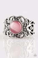 A glowing pink moonstone adorns the center of a silver band swirling with whimsical floral detail for a seasonal look. Features a stretchy band for a flexible fit.  P4RE-PKXX-131XX