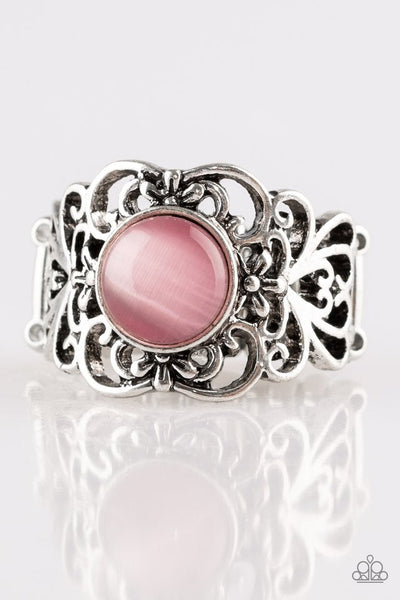 A glowing pink moonstone adorns the center of a silver band swirling with whimsical floral detail for a seasonal look. Features a stretchy band for a flexible fit.  P4RE-PKXX-131XX