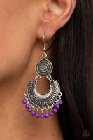 Dainty purple beads dangle from the bottom of a decorative silver crescent plate that links to the bottom of an ornately embossed silver disc, creating a colorful fringe. Earring attaches to a standard fishhook fitting. Sold as one pair of earrings.  P5WH-PRXX-236XX