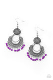 Dainty purple beads dangle from the bottom of a decorative silver crescent plate that links to the bottom of an ornately embossed silver disc, creating a colorful fringe. Earring attaches to a standard fishhook fitting. Sold as one pair of earrings.  P5WH-PRXX-236XX