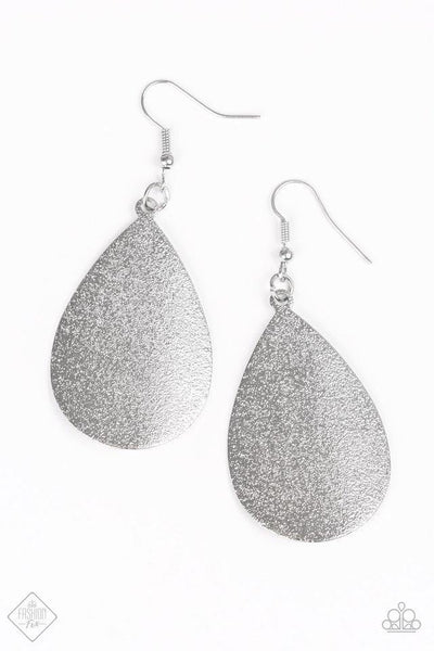 2018 November Fashion Fix A slightly rounded silver teardrop is brushed in a high-sheen glittery finish, creating a dynamically shimmery statement piece. Earring attaches to a standard fishhook fitting. Sold as one pair of earrings.  P5BA-SVXX-033HH