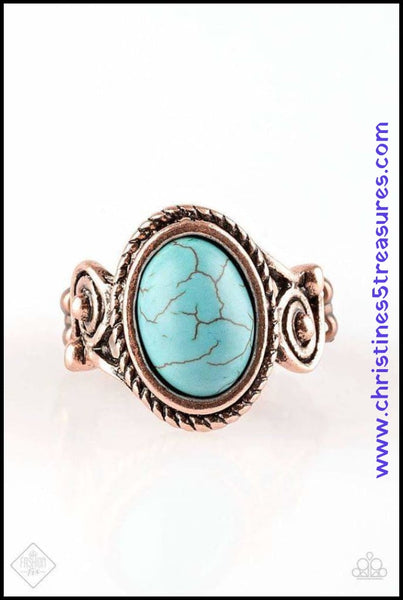 2018 June Fashion Fix - Simply Santa Fe Brushed in an antiqued shimmer, glistening ribbons of copper swirl into an ornate band. A refreshing turquoise stone is pressed into the center of a textured copper frame for a seasonal finish. Features a dainty stretchy band for a flexible fit. Sold as one individual ring. P4SE-CPBL-043AA