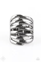 2018 July Fashion Fix - Magnificent Musings Glistening gunmetal bars arc across the finger, interlocking at the center for a bold industrial look. Features a stretchy band for a flexible fit. Sold as one individual ring.  P4IN-BKXX-049FZ