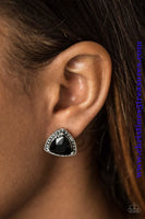 A regal black gem is pressed into the center of a silver studded frame for a dramatically glamorous look. Earring attaches to a standard post fitting. Sold as one pair of post earrings.   P5PO-BKXX-044XX