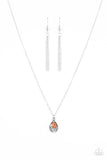 Glittery white rhinestones and an orange moonstone are pressed into the center of a studded silver teardrop, creating a dainty pendant below the collar. Features an adjustable clasp closure. Sold as one individual necklace. Includes one pair of matching earrings.  P2DA-OGXX-045XX