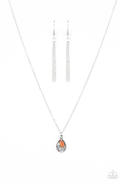 Glittery white rhinestones and an orange moonstone are pressed into the center of a studded silver teardrop, creating a dainty pendant below the collar. Features an adjustable clasp closure. Sold as one individual necklace. Includes one pair of matching earrings.  P2DA-OGXX-045XX