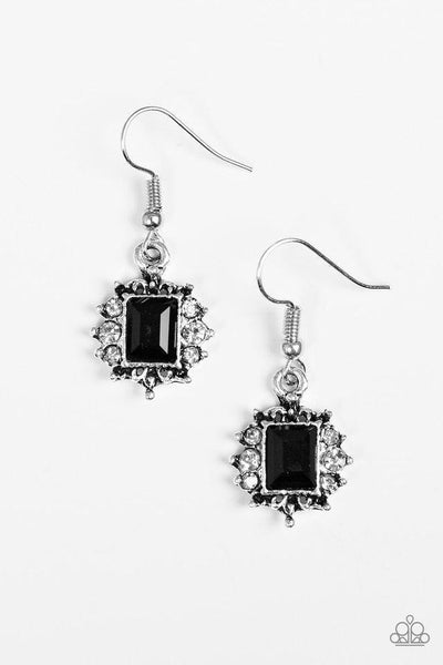 Featuring a regal emerald style cut, a glittery black gem is pressed into a shimmery silver frame radiating with glassy white rhinestones for a refined look. Earring attaches to a standard fishhook fitting. Sold as one pair of earrings.  P5DA-BKXX-052XX