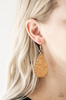 Stamped in a feathery, paisley like pattern, an earthy brown leather teardrop swings from the ear for a seasonal look. Earring attaches to a standard fishhook fitting. Sold as one pair of earrings.  P5SE-BNXX-063XX