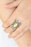 A glowing yellow cat's eye stone is pressed into the center of an oval backdrop swirling with vine-like filigree for a whimsical look. Features a stretchy band for a flexible fit. Sold as one individual ring.  P4WH-YWXX-116XX