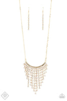 2020 June Fashion Fix - Magnificent Musings Strands of glittery white rhinestones stream from the bottom of a bowing gold bar, creating a tapered fringe at the bottom of a lengthened gold chain. Features an adjustable clasp closure. Sold as one individual necklace. Includes one pair of matching earrings.  P2ED-GDXX-133TS