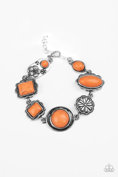2020 Convention Exclusive Piece  Featuring vivacious orange stone centers, a collection of antiqued silver frames link with a decorative floral charm around the wrist for a seasonal flair. Features an adjustable clasp closure. Sold as one individual bracelet.  P9SE-OGXX-129XX   