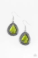 A faceted green teardrop gem is pressed into a shimmery silver frame radiating with studded details and glittery black rhinestones for a magnificent look. Earring attaches to a standard fishhook fitting. Sold as one pair of earrings.  P5ED-GRXX-027XX