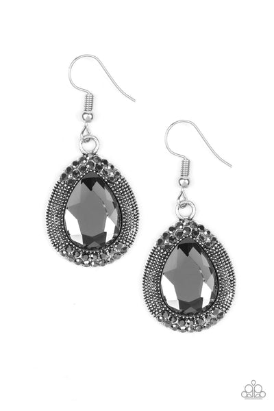 A faceted smoky teardrop gem is pressed into a shimmery silver frame radiating with studded details and glassy hematite rhinestones for a magnificent look. Earring attaches to a standard fishhook fitting. Sold as one pair of earrings.  P5ED-SVXX-055XX