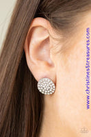 Countless white rhinestones are encrusted across the front of a beveled silver frame for a show-stopping look. Earring attaches to a standard post fitting. Sold as one pair of post earrings. P5PO-WTXX-160XX