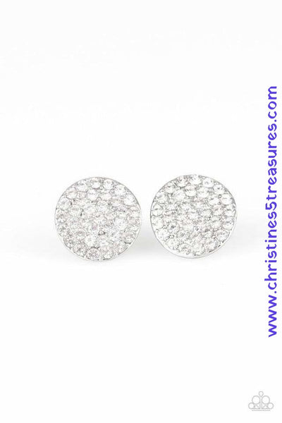 Countless white rhinestones are encrusted across the front of a beveled silver frame for a show-stopping look. Earring attaches to a standard post fitting. Sold as one pair of post earrings. P5PO-WTXX-160XX