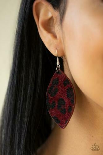 Featuring black cheetah print, a fuzzy red almond-shaped frame swings from the ear for a wild look. Earring attaches to a standard fishhook fitting. Sold as one pair of earrings.  P5SE-RDXX-107XX