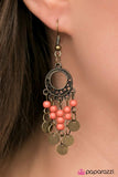 Dainty orange beading trickles from the bottom of an ornate frame, creating a colorful fringe. Brushed in an antique finish, brazen brass discs swing from the bottom of the beaded trestles for a bohemian inspired finish. Earring attaches to a standard fishhook fitting. Sold as one pair of earrings.   P5SE-OGXX-051XX