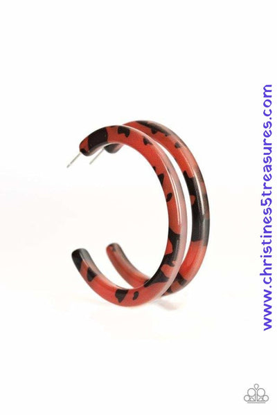 Featuring a tortoise-shell like pattern, a brown acrylic frame curls around the ear for a retro flair. Earring attaches to a standard post fitting. Hoop measures 2 1/2" in diameter. Sold as one pair of hoop earrings. P5HO-BNXX-020XX