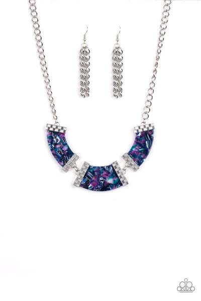 Swirling with color, a trio of purple acrylic frames are nestled inside checker textured silver fittings as they link below the collar for a seasonal flair. Features an adjustable clasp closure. Sold as one individual necklace. Includes one pair of matching earrings.  P2SE-PRXX-197XX
