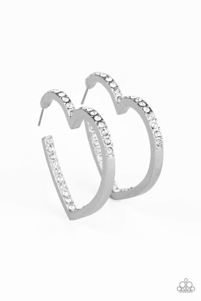 Encrusted in sections of glittery white rhinestones, a glistening silver hoop curls into a charming heart shape for a heart-stopping look. Earring attaches to a standard post fitting. Hoop measures approximately 2" in diameter. Sold as one pair of hoop earrings. P5HO-WTXX-084XX