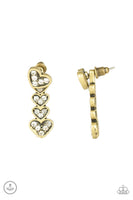 A white rhinestone encrusted brass heart attaches to a double-sided post, designed to fasten behind the ear. Stacked in gradually increasing white rhinestone encrusted heart frames, the glittery double-sided post peeks out beneath the ear for a charming look. Earring attaches to a standard post fitting. Sold as one pair of post earrings.  P5PO-BRXX-031XX