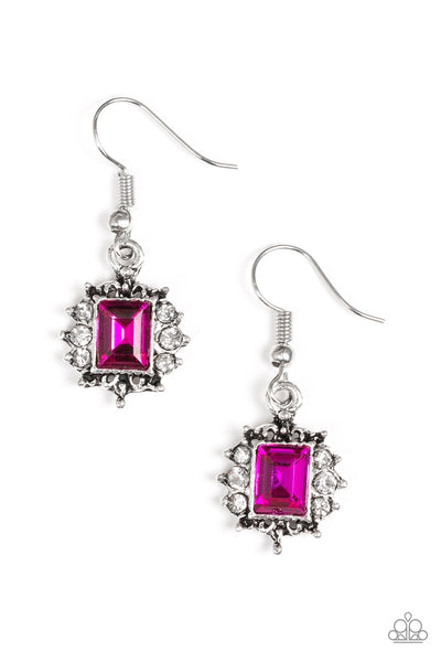Featuring a regal emerald style cut, a glittery pink gem is pressed into a shimmery silver frame radiating with glassy white rhinestones for a refined look. Earring attaches to a standard fishhook fitting. Sold as one pair of earrings. P5DA-PKXX-035XX