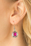 Featuring a regal emerald style cut, a glittery pink gem is pressed into a shimmery silver frame radiating with glassy white rhinestones for a refined look. Earring attaches to a standard fishhook fitting. Sold as one pair of earrings. P5DA-PKXX-035XX