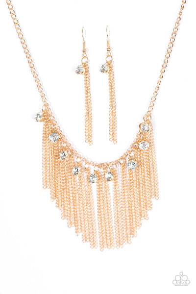 Glittery white rhinestones trickle between freefalling gold chains, creating a fierce fringe below the collar. Features an adjustable clasp closure. Sold as one individual necklace. Includes one pair of matching earrings.  P2RE-GDXX-169XX