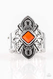 An orange square bead is pressed into the center of a scalloped silver frame radiating with tribal inspired detail for a seasonal look. Features a stretchy band for a flexible fit. Sold as one individual ring.  P4WH-OGXX-097XX